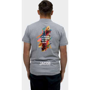 A grey men's polo shirt featuring a colourful design on the back and a logo at the bottom.
