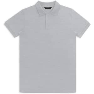 A light grey polo shirt with a classic collar and short sleeves, featuring a logo on the chest.
