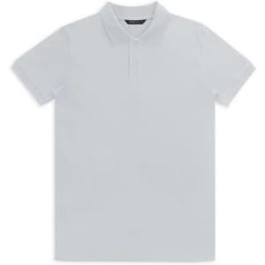 A plain white men's polo shirt with a collar and a logo on the chest.