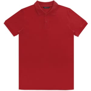 A red polo shirt with a classic collar and short sleeves, featuring a logo on the chest.