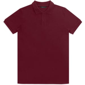 A maroon polo shirt with a collar and three buttons, featuring a logo on the chest.