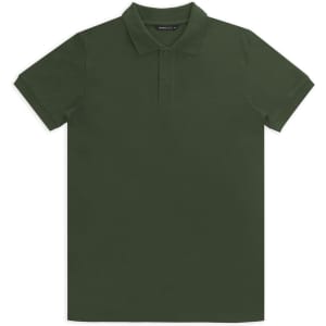A green polo shirt with a classic collar and short sleeves, featuring a logo on the chest.