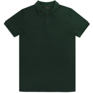 A dark green men's polo shirt with a collar and short sleeves. It has a logo on the chest.
