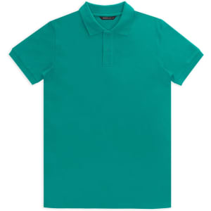 A teal polo shirt featuring a classic collar and short sleeves, with a logo on the chest.