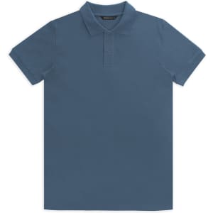 A blue polo shirt with a classic collar and short sleeves, featuring a logo on the chest.