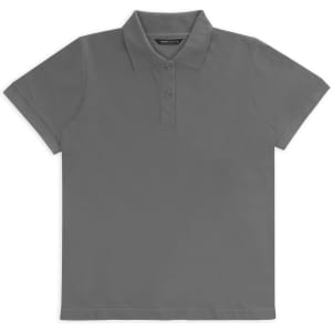 Grey women's polo shirt with a collared neck and three-button placket. Features a branding logo.