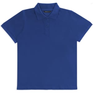 A polo shirt in a vibrant blue colour featuring a classic collar and three buttons, with a logo on the chest.