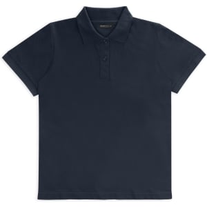A navy blue women's polo shirt with a collar and three buttons, featuring a logo on the chest.