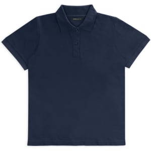A navy polo shirt featuring a classic collar and three-button placket. It includes a logo on the front.