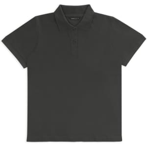 A black polo shirt with a classic collar and three-button placket, featuring a logo on the chest.