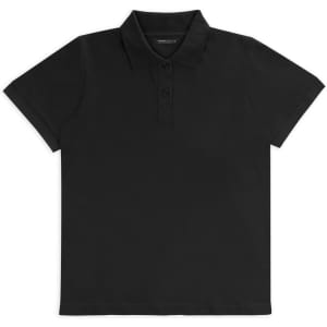 A black women's polo shirt with a classic collar and button placket, featuring short sleeves and a logo.