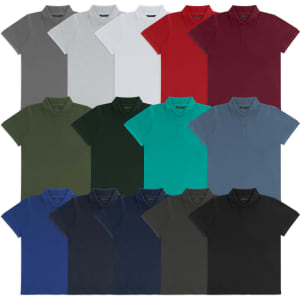 A collection of polo shirts in various colours, including grey, white, red, green, blue, and black, all with a logo.