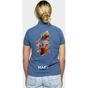 A women's polo shirt in blue featuring a vibrant abstract design on the back and a logo.