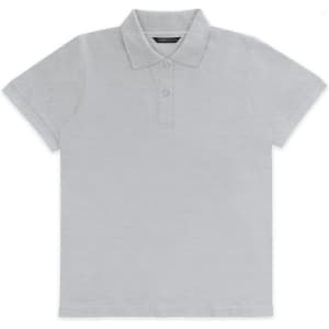 A grey women's polo shirt featuring a classic collar and three-button placket, with a branding logo.