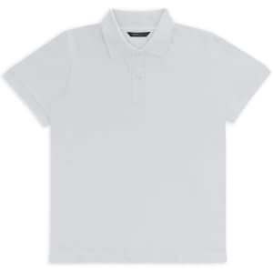 A white women's polo shirt featuring a classic collar and three-button placket, with a logo on the chest.