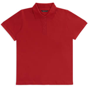 A red women's polo shirt featuring a classic collar and three-button placket, with a branding logo.