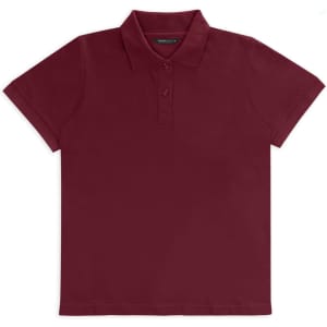 A maroon women's polo shirt with short sleeves and a classic collar, featuring a button placket and branding.