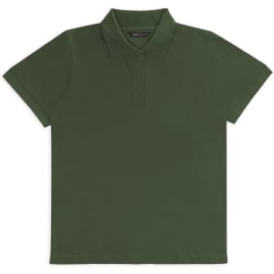 A dark green women's polo shirt with a collar and three-button placket, featuring a logo.