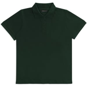 A dark green polo shirt with a collar and three buttons, featuring a logo.