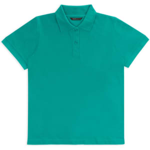 A turquoise women's polo shirt with a classic collar and button placket, featuring short sleeves.