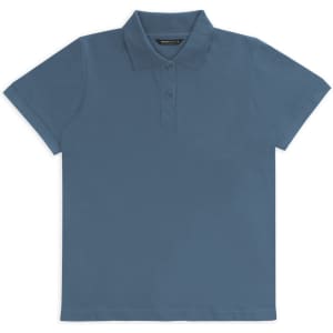 A blue women's polo shirt with a collar and three-button placket. The shirt has a logo on the chest.