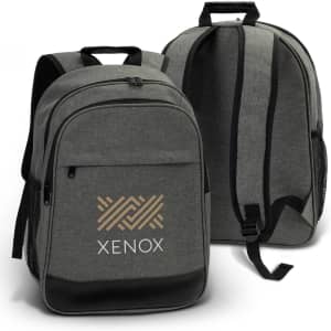 A grey backpack with a textured finish, featuring a logo on the front and adjustable shoulder straps.