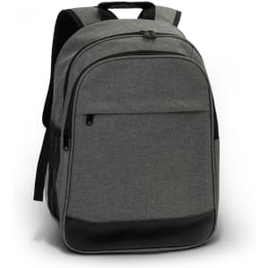 A grey backpack with a front pocket, mesh side pockets, and a black base. It features a logo on the front.