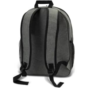 A grey backpack with black straps and mesh side pockets, featuring a sturdy top handle and a sleek design.