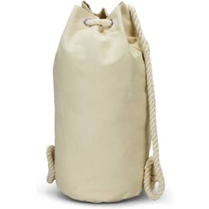 A cream-coloured canvas barrel bag with a rope drawstring closure and side handles. Features a logo.