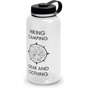 A drink bottle with a black lid and handle, featuring a transparent body and illustrations related to hiking and camping.