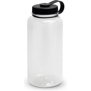 A drink bottle made of clear plastic with a black screw-on lid and a handle. It has a simple design.