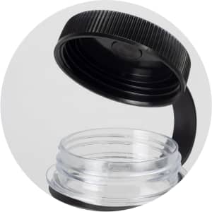 A drink bottle with a clear body and a black screw-on lid, showcasing the interior and opening.