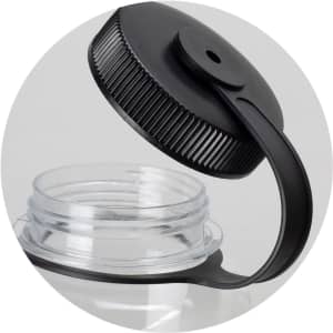 A drink bottle with a clear body and a black screw cap, featuring a handle for easy carrying.