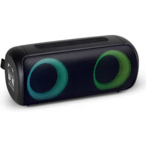 A Bluetooth speaker in black with blue and green LED lights, featuring controls on the top and a logo.