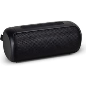 A black Bluetooth speaker with textured surface and control buttons on top, featuring a branding logo.