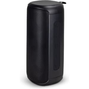 A black outdoor Bluetooth speaker with a textured surface and buttons on the side for volume and connection controls.
