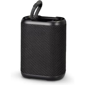 A compact black outdoor Bluetooth speaker with a textured surface and a convenient carrying strap.