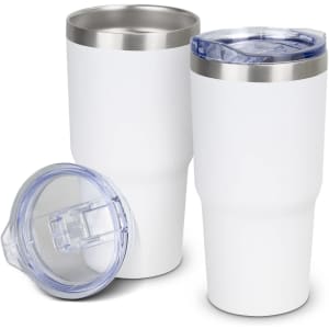 A drink bottle set featuring two white insulated tumblers with stainless steel accents and clear lids.