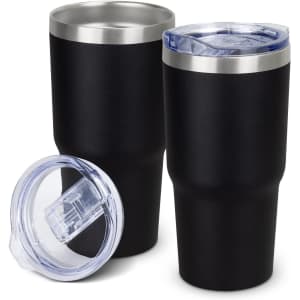 A drink bottle set featuring two black powder-coated tumblers with silver stainless steel accents and clear lids.