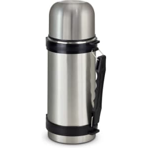 A drink bottle with a stainless steel body, black handle, and a screw-top lid. It features a logo on the body.