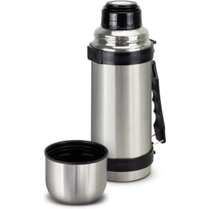 A stainless steel vacuum flask with a black handle and a matching cup, featuring a logo on the side.