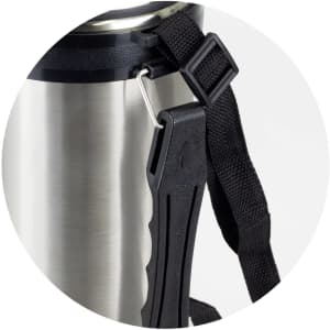 A drink bottle with a stainless steel body and a black strap attached, featuring a hook for easy carrying.