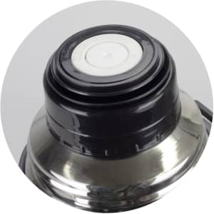 A drink bottle with a black and silver design, featuring a round cap and a glossy finish, with a logo on it.