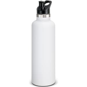 A drink bottle in white with a black lid and spout, featuring a metallic band near the top.