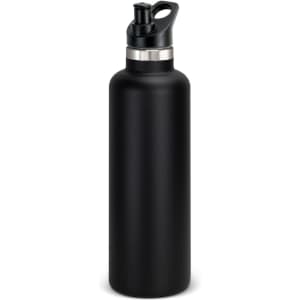 A drink bottle in matte black with a black lid, featuring a spout for easy pouring and a simple logo.