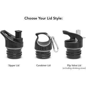 A drink bottle with three different lid styles: sipper, carabiner, and flip valve, all in black.