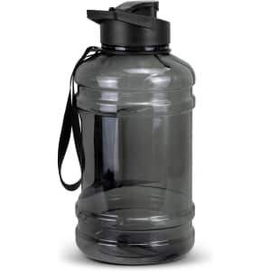 A drink bottle in grey with a black lid and carry strap. It features a logo on the body.