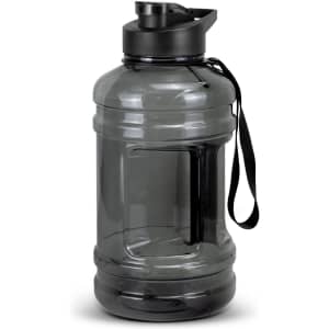 A drink bottle in grey with a black lid and a handle, featuring a secure screw top and an ergonomic design.