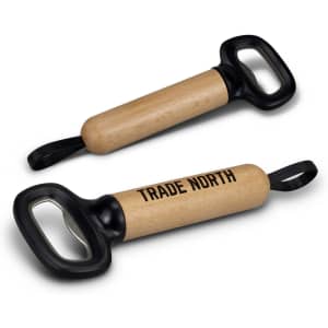 A drink bottle opener featuring a wooden handle with black accents and a loop for easy storage. It includes a logo.