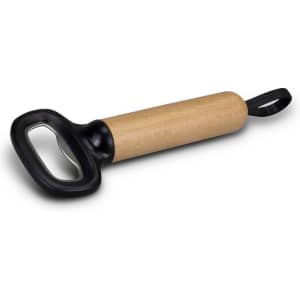 A drink bottle opener with a wooden handle and a black metal end, featuring a loop for easy storage.